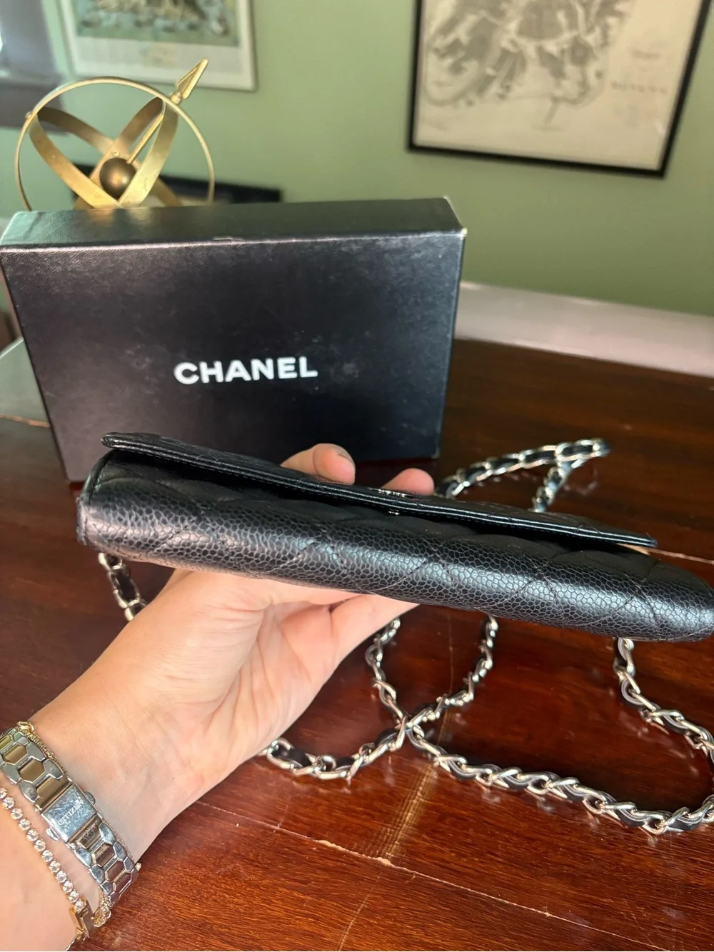 CHANEL Black Quilted Silver Hardware Wallet with Added Chain